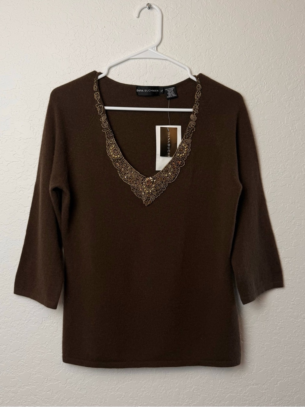 Vintage Dana Buchman 100% Cashmere Beaded V-Neck Top Brown L